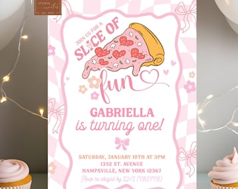 Preppy Slice of Fun Pizza Party Birthday Invitation, Pink Bow Italian Pizza Birthday Girl Invite, Retro Daisy Flower Pizza Birthday Girl C44