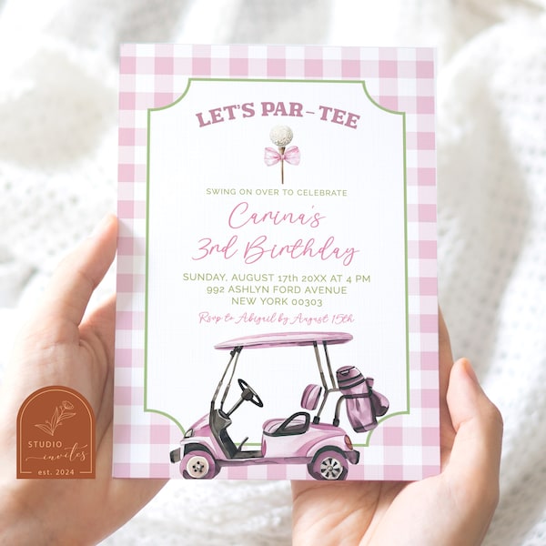 Editable pink preppy girl&#39;s birthday invitation, pink checkered let&#39;s any age par-tee, pink golf cart outdoor sports birthday invite C42