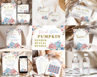 Gender Reveal Pink Blue Pumpkin Bundle Set, Pampas Grass Autumn Gender Reveal Bundle, Elegant Fall Floral Bohemian New Baby Shower Set C54
