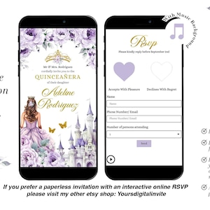 May include: A digital invitation for a Quincea&ntilde;era, displayed on two smartphones. The design features a princess illustration, a castle, and floral accents in purple and gold. The invitation includes an online RSVP form.