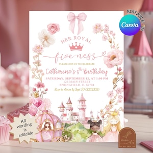 May include: A pink and white invitation for a fifth birthday party. The design includes a castle, a princess carriage, and floral accents. Text reads "Her Royal Fiveness" and "Catherine's 5th Birthday". The invitation is editable in Canva.