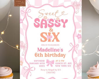 Groovy Rainbow Sweet Sassy and Six Birthday Girl Invite, Preppy Daisy Flower Birthday Party, Pink Coquette Disco Valentine's Birthday C44