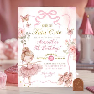 She is Tutu Cute Ballet Birthday Girl Invitation, Pink Coquette Tutu Butterfly Birthday Girl, Pink Floral Ballerina Dance Birthday Party G1