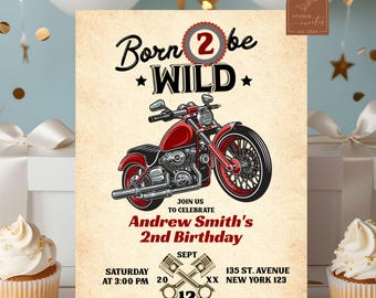 Born To Be Wild Birthday Boy Invite, Red Motorcycle 2nd Birthday Party, Vintage Rockstar Bikers Second Birthday Party, Racing Bike Party C73