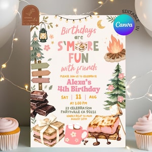 May include: A birthday invitation card featuring camping-themed illustrations including a campfire, pine trees, a lantern, and s'mores. The text reads: Birthdays are S'MORE FUN with friends, Alexa's 4th Birthday, Sat 11 Aug at 1:00 PM, 23 Celebration Partyville CA 90212.
