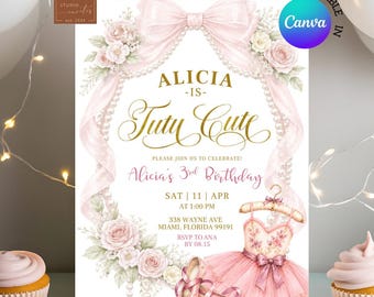 Niedliche Geburtstagseinladung im Tutu-Stil, rosa Schleife, Perlen, Ballerina-Geburtstagseinladung, kokette, florale Ballettschuhe, bearbeitbare Canva-Vorlage C83