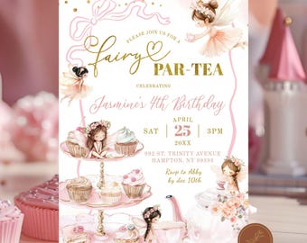 Invitation d'anniversaire pour une fête de thé féerique dorée, Invitation féerique rose à fleurs « Faisons la fête », Invitation d'anniversaire féerique magique avec cupcakes (G2)