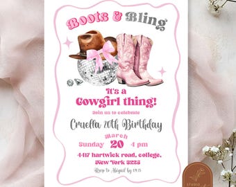 Boots and Bling Space Cowgirl Birthday Invitation, Pink Bow Silver Disco Cowgirl Adult Birthday, Let's Go Girls Rodeo Coquette Party C44