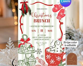 Christmas Brunch Scribble Hand Drawn Invitation, Quirky Red Coquette Holiday Brunch Invite, Canva Editable Winter Holiday Party C165