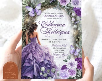Lilac Purple Whimsical Forest Quinceañera Invitation, Magical Forest Princess Quince Invites, Floral Butterfly Enchanted Mis Quince XV A14