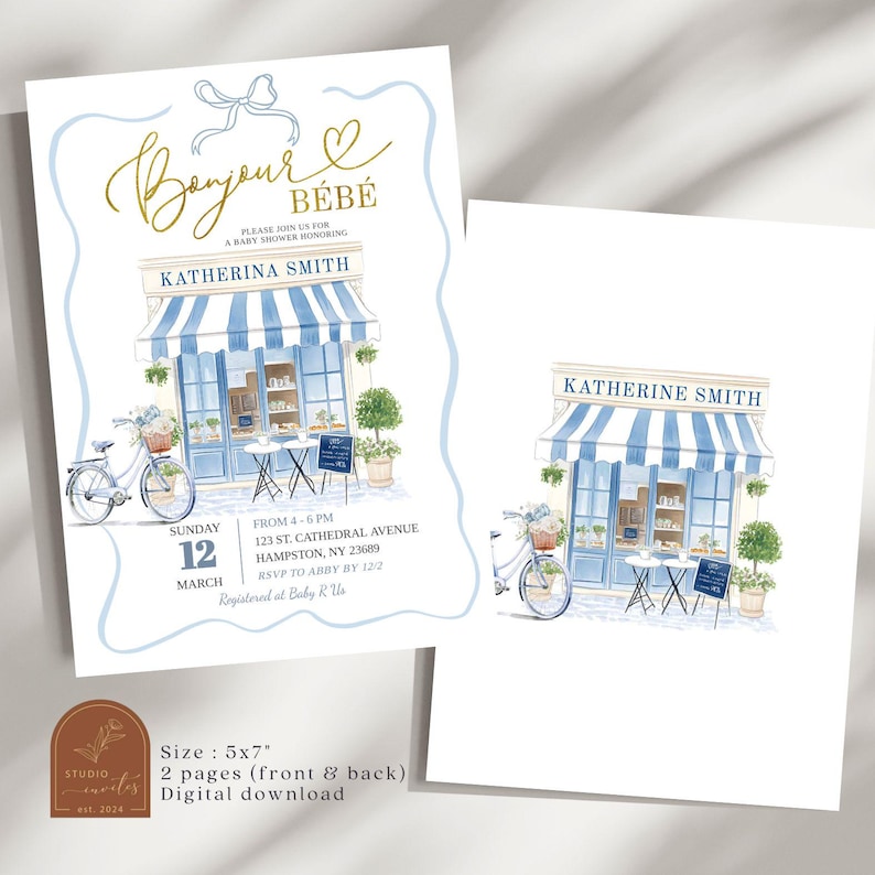 May include: A blue and white baby shower invitation with a watercolor illustration of a French storefront with a bicycle in front. The text on the invitation reads "Bonjour B&eacute;b&eacute;" and includes the date, time, and location of the event.