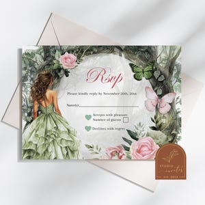 Salieroze grillig bos Quinceañera RSVP-kaarten, roze bloemen Mis Quince 15 reactiekaarten, bewerkbare Butterfly Quince digitale RSVP-kaart A14