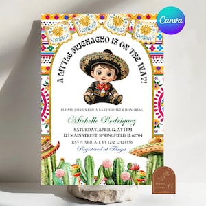 May include: Baby shower invitation with a colorful Mexican theme. The design features a cartoon baby in a sombrero, the text "A Little Muchacho is on the Way!", and event details. Includes cacti and decorative elements.