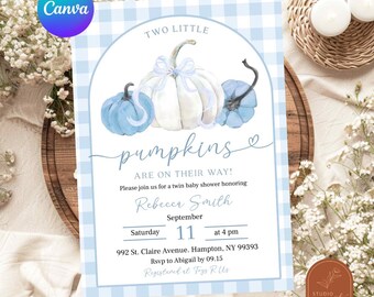 Blue plaid pumpkin twins baby shower invitation, watercolor blue gingham boy baby shower, two little pumpkin are on their way invite C52