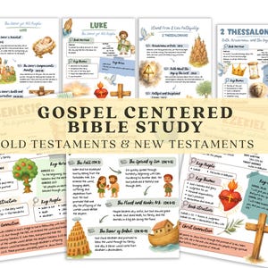 May include: A collection of colorful Bible study guides with illustrations and text. The guides cover topics like Genesis, Luke, and 2 Thessalonians, with key themes and book structures. The title "Gospel Centered Bible Study" is prominently displayed.