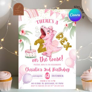 May include: A pink and gold birthday invitation featuring a cartoon dinosaur. The invitation text reads "There's a Rex on the loose!" and includes details for a second birthday party, including the date, time, and location.