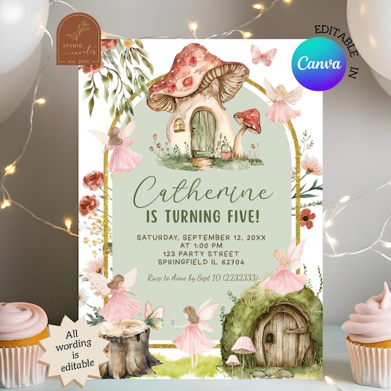 Enchanted Sage Green Forest Woodland Fairy Birthday Invitation, Magical Floral Butterfly Birthday, Canva Fairytale Garden Birthday C105