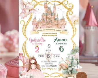 Pink Princess and Knight Boy Joint Birthday Invitation, Knight Castle and Princess Sibling Birthday Party, Gold Carriage Kids Birthday C66