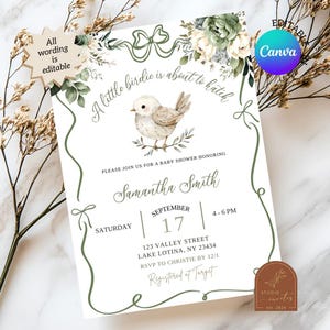 Sage Green Birdie Baby Shower Invitation, A Little Birdie Is About To Hatch Baby Shower, Canva Editable Gender Neutral Baby Shower C162