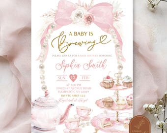 Pearl Pink Bow Tea Party Baby Shower Invitation, Boho Pink A Baby Is Brewing Baby Shower, Pampas Floral Coquette Baby Shower Invite C83