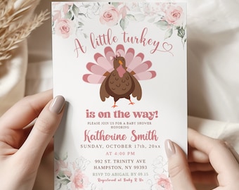 Fall Blush Pink Girl Turkey Baby Shower Invitation, Little Turkey Is On The Way Baby Shower, Floral Thanksgiving Turkey Baby Shower C65