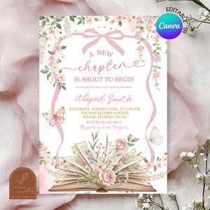 May include: A baby shower invitation card featuring a pink ribbon border, floral accents, and butterflies. The text reads A NEW CHAPTER IS ABOUT TO BEGIN, honoring Abigail Smith on Saturday, August 11th, at 1:00 PM at 338 Wayneford Avenue, Miami, Florida.