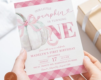Pink preppy pumpkin autumn birthday invitation, our little pumpkin is turning one, pink plaid gingham fall kid's 1st birthday invite C52