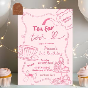 Faire-part d'anniversaire dessiné main thé rose pour deux filles, petits gâteaux avec noeud rose Par-thé 2e anniversaire de fille, tasse de thé haute fête d'anniversaire fille d'anniversaire C114