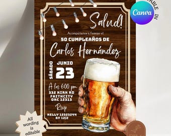 Spanish Mexican Man Beer Salud Invitation, Salud y cerveza invitación de cumpleaños para un hombre adulto en español, Canva editable C139