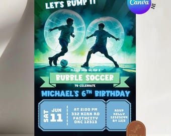 Neon Bubble Soccer Birthday Invitation, Knockerball Birthday Bash Party, Football Bubble Birthday Boy Invite, Kick Soccer Ball Birthday AC34