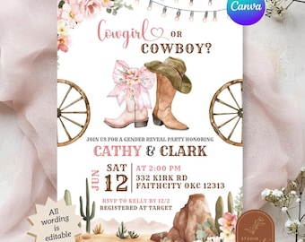 Cowboys Or Cowgirls Gender Reveal Invitation, Floral Pink Bow Coquette Gender Reveal Invite, Canva Editable Western Gender Reveal Invite C14