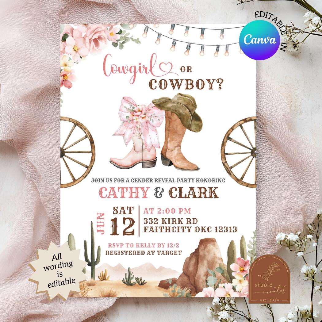 Invitación para revelar el género de vaqueros o vaqueras, con lazo floral  rosa, editable en Canva (C14) - Etsy México, image size:1050x1050