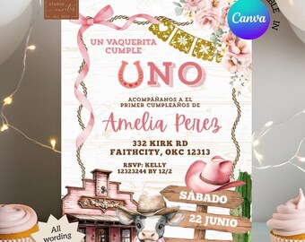 Mexican Spanish Girl Uno Invitation, Un Vaquerita Cumple Uno Invitación, Canva Editable Floral Pink Bow Coquette First Birthday Invite C137