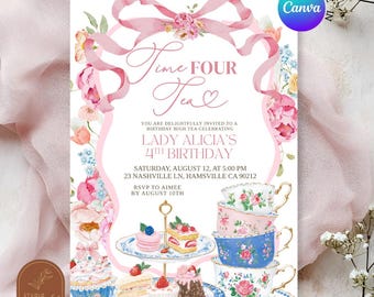 May include: A pink and white invitation for a high tea birthday party. The invitation features floral and ribbon accents, with text that reads "Time Four Tea" and details for Lady Alicia's 4th birthday. Includes cupcakes and teacups.