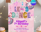 Pink Sequin Glitter Let's Dance Invitation, Pink Coquette Bow Discoball Birthday Invite, Canva Editable Dancer Kids Birthday Party C185