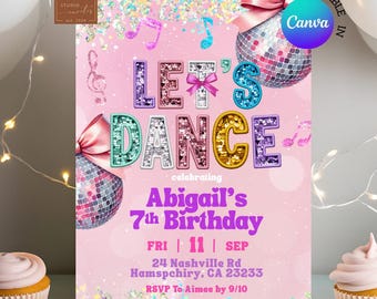 Pink Sequin Glitter Let's Dance Invitation, Pink Coquette Bow Discoball Birthday Invite, Canva Editable Dancer Kids Birthday Party C185