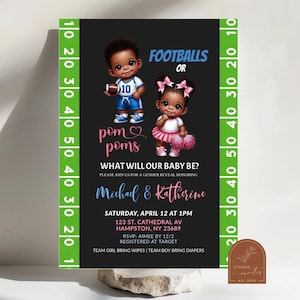 American Football Themed Gender Reveal Invitation, Football or Pom Poms  Gender Reveal Invite, Editable He or She Football Gender Reveal C74