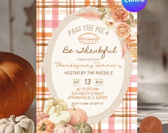 Invitation fantaisiste pour un dîner de Thanksgiving sur le thème des citrouilles, invitation pour une fête automnale à carreaux et fleurs avec dégustation de tarte, modèle Canva modifiable C246