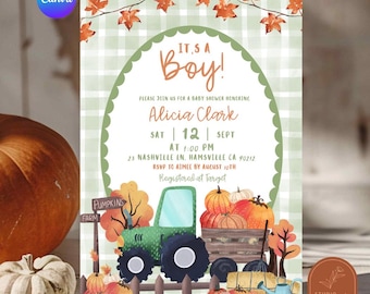 Invitation pour une fête prénatale garçon sur le thème de l'automne : citrouille, tracteur, vert sauge, citrouille. Modèle Canva modifiable C169.