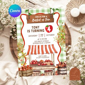 May include: An invitation with a rustic theme, featuring a wooden sign that reads "Join us for a Bushel of Fun." The invitation is for Tony's 4th birthday, with the date and time displayed. The design includes a red apple and a watercolor illustration of an apple stand.