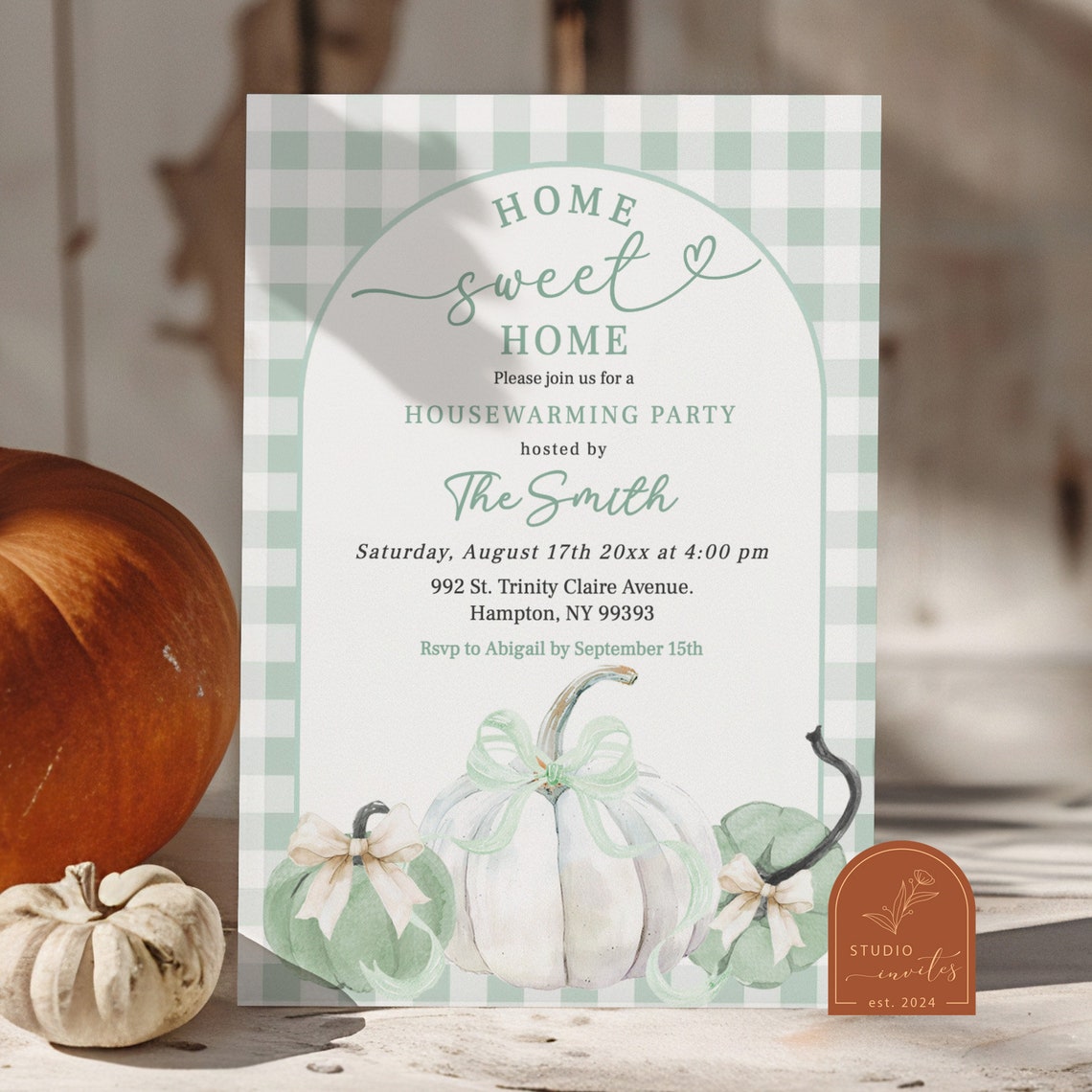 Plaid Sage Green Preppy Pumpkin Housewarming Party Invitation, Fall
