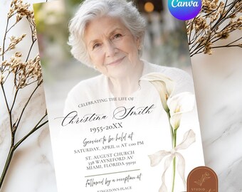 White Calla Lily Funeral Memorial Service Photo Invitation, Celebration of Life Memorial Service, Spanish Memorial Canva Template C247