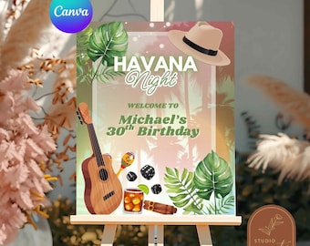Cuba Havana Night man verjaardag welkomstbord, zomer Havana Night welkomstbord, Monstera Tropical verjaardag canvas bewerkbaar welkomstbord, C134