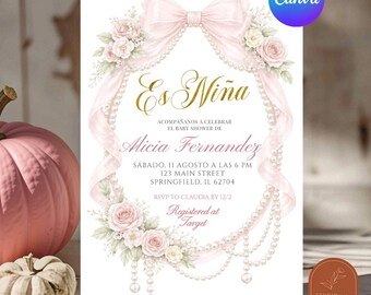 Spanische Einladung zur Babyparty „Es Niña“, rosa Schleife, Perle, kokett, Canva-Vorlage zum Bearbeiten C83