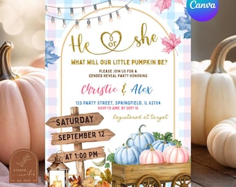 Blue Pink Plaid Pumpkin Patch Gender Reveal invitation, He or She Gender Reveal Invite, Canva Editable Fall Floral Gingham Gender Reveal C67