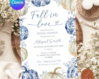 Chinoiserie Fall in Love Bridal Shower, Blue and Cream Chinoiserie Pumpkin Bridal Shower Invitation, Toile De Jouy Pumpkin Bridal Shower C62