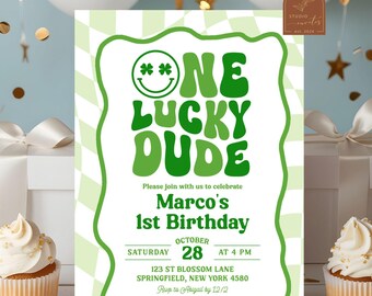 One Lucky Dude First Birthday Invite, Groovy St Patricks Day Birthday Party, Checkered Lucky One Party, Smiley Shamrock Birthday Party AC43