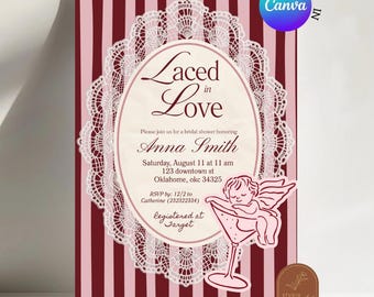 Invitation pour une fête prénuptiale sur le thème de la dentelle « Laced in Love », invitation vintage à rayures en dentelle Coquette, modèle Canva modifiable C268 pour une soirée cocktail « Chérubin ».