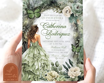 Sage Green Whimsical Forest Quinceañera Invitation, Magical Forest Princess Quince Invites, Floral Butterfly Enchanted Mis Quince Anos A14