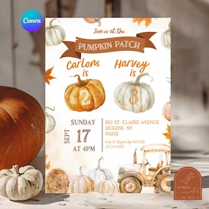 Pode incluir: Convite em aquarela para um evento de festa de abóbora. O design apresenta abóboras, folhas de outono e uma ilustração de trator. O texto inclui "Pumpkin Patch", nomes, data, hora e endereço.